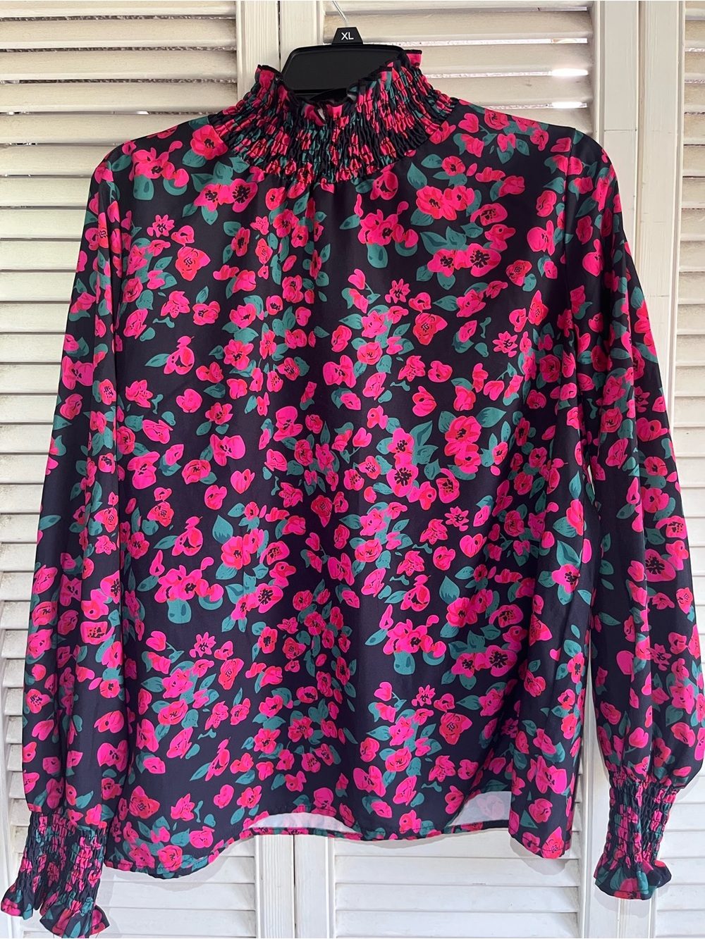 SHEIN Black Mock-Neck Blouse with Hot Pink Floral Print